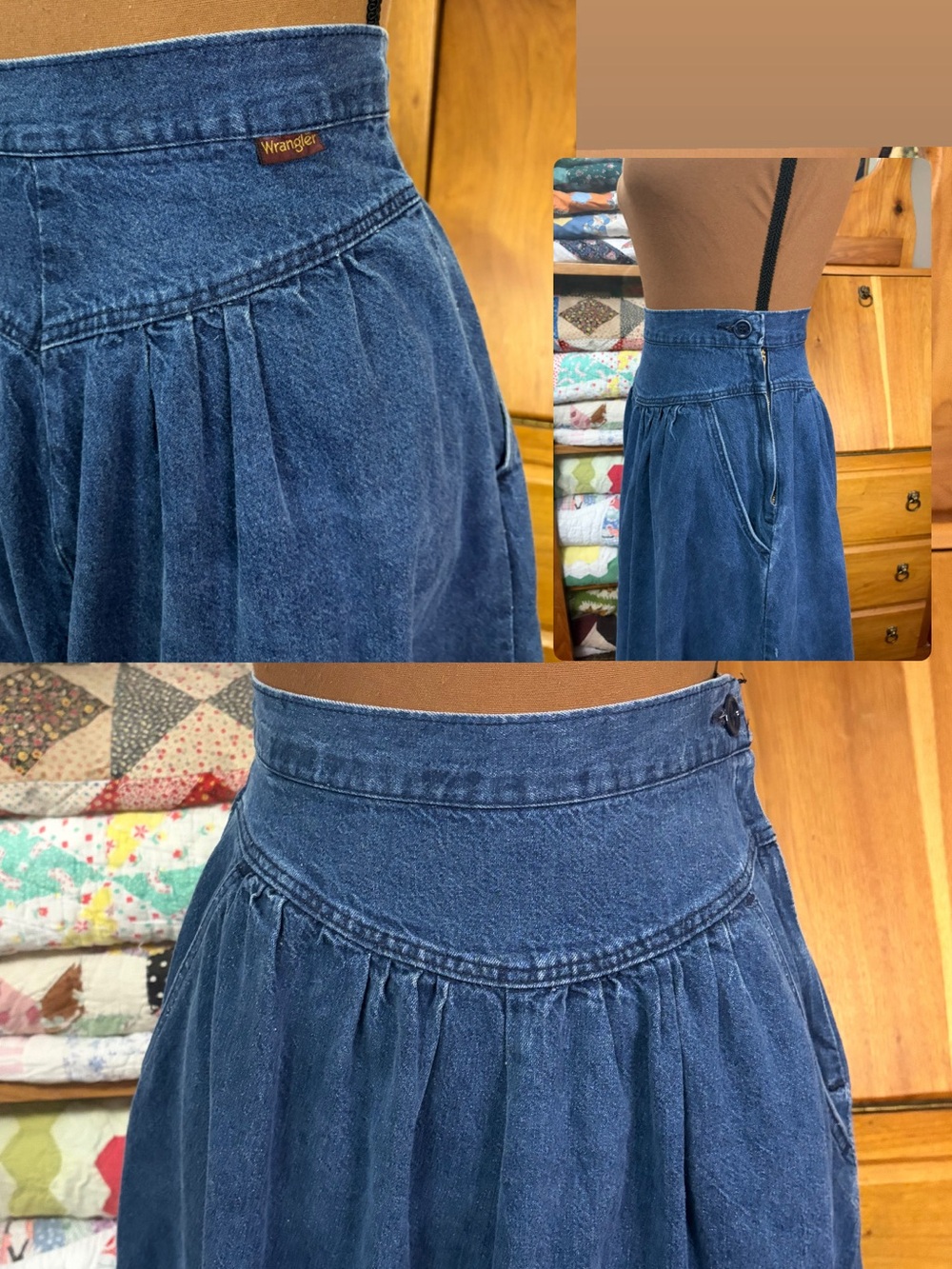 Vintage Wrangler Denim high-waist Prairie midi Skirt with yoke and Pleated waist